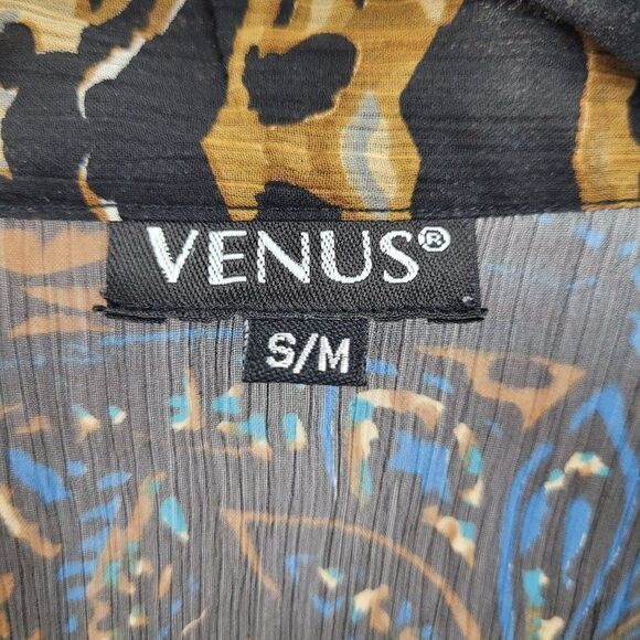 Venus Dress Sheer Peasant Resort Beaded V Mini Tunic Kaftan Paisley Brown Sz S/M - Picture 14 of 14